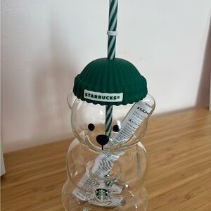 Starbucks Clear Glass Bear Tumbler with Green Lid